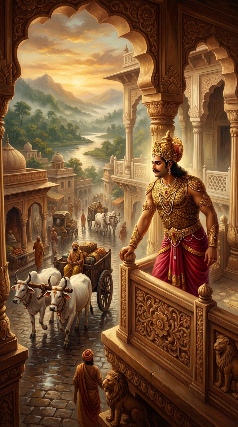 The solar dynasty of Raghu depicted in traditional Indian art style